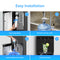 Certainly! Here’s your revised sentence using the given product data: Four-step installation guide for the Black Stainless Bottom Load + Water Filtration Dispenser - 520 No-Line: twist in filters, fill the bottle with tap water, install adapter and flush filters, then dispense filtered water into a glass with lemon and mint. Blue and white text overlays each panel. Perfect for use with your self-cleaning Black Stainless Bottom Load + Water Filtration Dispenser - 520 No-Line.