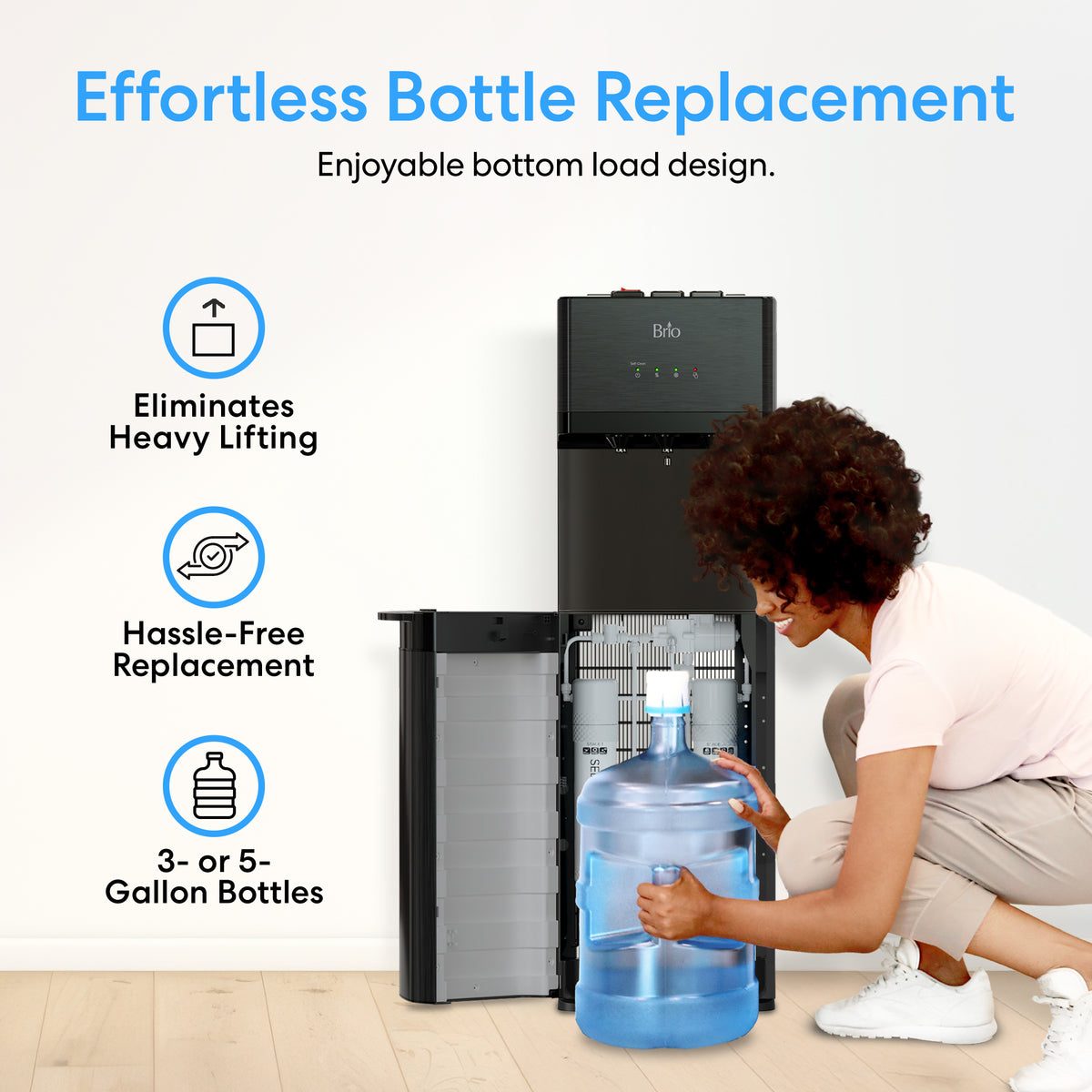 A person easily loads a 3- or 5-gallon bottle into the Black Stainless Bottom Load + Water Filtration Dispenser - 520 No-Line. Effortless Bottle Replacement means no heavy lifting and hassle-free swaps for convenient hydration. Enjoy simplicity and comfort with this innovative bottom load dispenser featuring advanced water filtration.