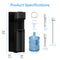 The Black Stainless Bottom Load + Water Filtration Dispenser - 520 No-Line and its included accessories—including a labeled 5-gallon bottle, drain tube, funnel, sediment filter, activated carbon filter, and bottle adapter—are arranged against a white background to highlight the convenience and advanced features of this self-cleaning water dispenser with integrated filtration.