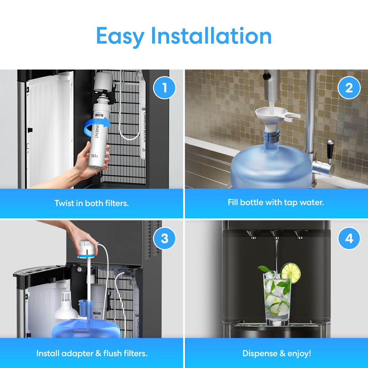 Four-step setup for your Bottom Load No-Line Water Filtration Dispenser - Model 520: Twist in the filters, fill a water bottle, attach and flush the filters, then dispense filtered water into a glass with lemon and mint. “Easy Installation” text appears at the top in blue.