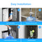 Four-step setup for your Bottom Load No-Line Water Filtration Dispenser - Model 520: Twist in the filters, fill a water bottle, attach and flush the filters, then dispense filtered water into a glass with lemon and mint. “Easy Installation” text appears at the top in blue.