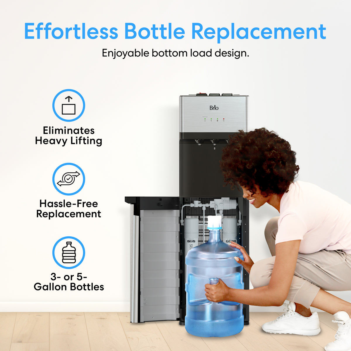 A woman loads a large water bottle into the Bottom Load No-Line Water Filtration Dispenser - Model 520. Text highlights effortless bottle replacement, eliminates heavy lifting, offers hassle-free replacement, and is compatible with both 3- and 5-gallon bottles. The Bottom Load No-Line Water Filtration Dispenser - Model 520 makes staying hydrated simple and convenient for any household.