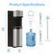 The Bottom Load No-Line Water Filtration Dispenser - Model 520 is shown alongside a 5-gallon water bottle, drain tube, funnel, sediment filter, activated carbon filter, and bottle adapter. All components are clearly labeled for clarity, and the dispenser’s height, depth, and width dimensions are displayed.