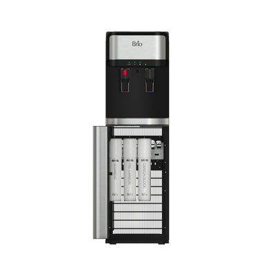 A Brio 300 Series 3-Stage Stainless Steel Bottleless Water Cooler in black and silver is shown with its door open, revealing the filtration cartridges. Two water spouts—one red, one blue—are visible on the front.
