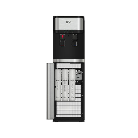 A Brio 300 Series 3-Stage Stainless Steel Bottleless Water Cooler in black and silver is shown with its door open, revealing the filtration cartridges. Two water spouts—one red, one blue—are visible on the front.