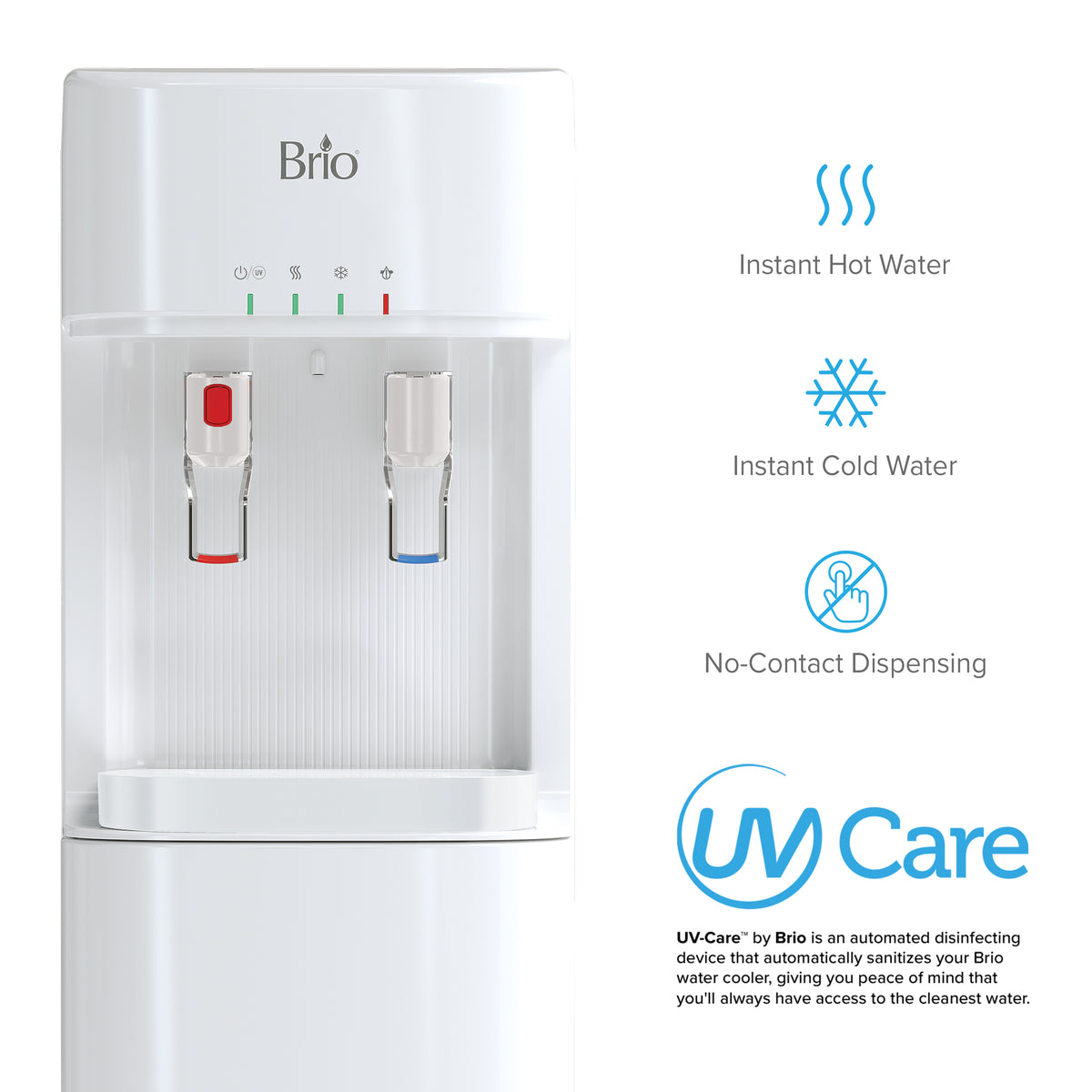 The 3-Stage White Bottleless Water Cooler - 300 Series dispenses instant hot/cold water, features touchless no-contact dispensing, UV Care, self-cleaning technology, and advanced 3-stage filtration for purified hydration.