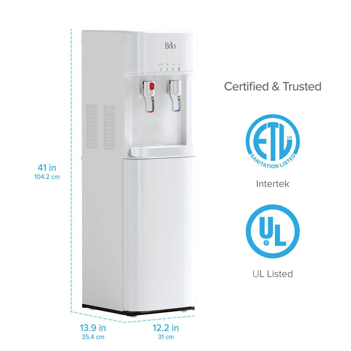 The 3-Stage White Bottleless Water Cooler – 300 Series features three spouts, red and blue levers, self-cleaning tech, and 3-stage filtration. Size: 41"H x 13.9"W x 12.2"D. ETL & UL certified; logos shown on the right.