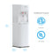 The 3-Stage White Bottleless Water Cooler – 300 Series features three spouts, red and blue levers, self-cleaning tech, and 3-stage filtration. Size: 41"H x 13.9"W x 12.2"D. ETL & UL certified; logos shown on the right.