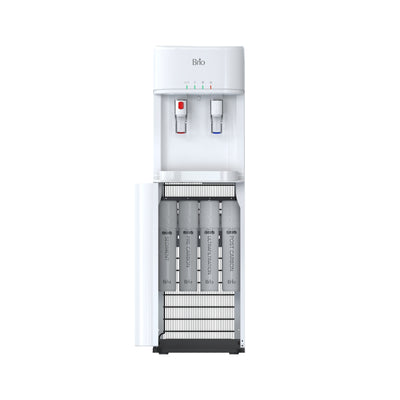 The Brio 300 Series 4-Stage UF White Bottleless Water Cooler features separate hot and cold taps plus a lower compartment with three vertical filters, delivering advanced 4-stage filtration for cleaner, fresher water.