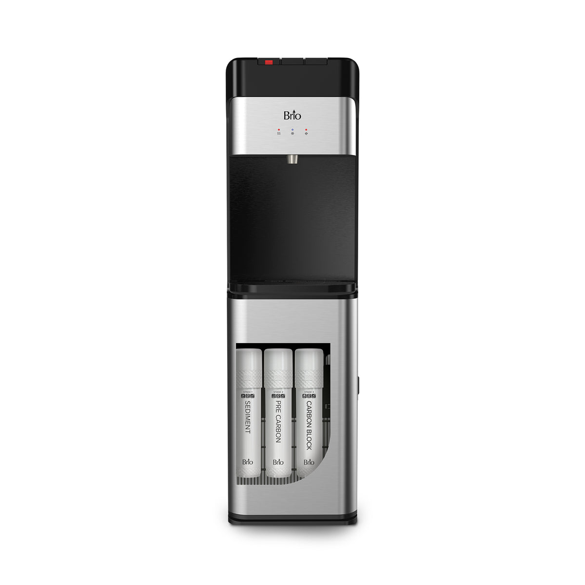 The 3-Stage Bottleless Water Filtration Dispenser - 430 Series is a silver and black unit with three visible filter cartridges in the lower compartment, advanced 3-stage filtration, and a control panel with indicator lights on the upper front.
