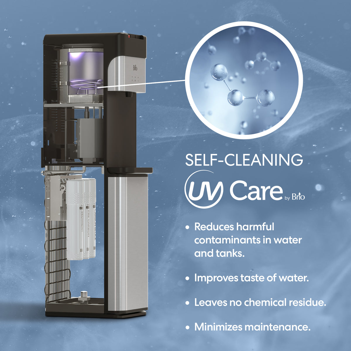 The 3-Stage Bottleless Water Filtration Dispenser - 430 Series is displayed with a cutaway view that reveals its internal components and emphasizes its advanced self-cleaning technology. The accompanying text highlights key benefits: it reduces contaminants with a three-stage filtration system, enhances water taste, leaves no chemical residue, and requires minimal maintenance.
