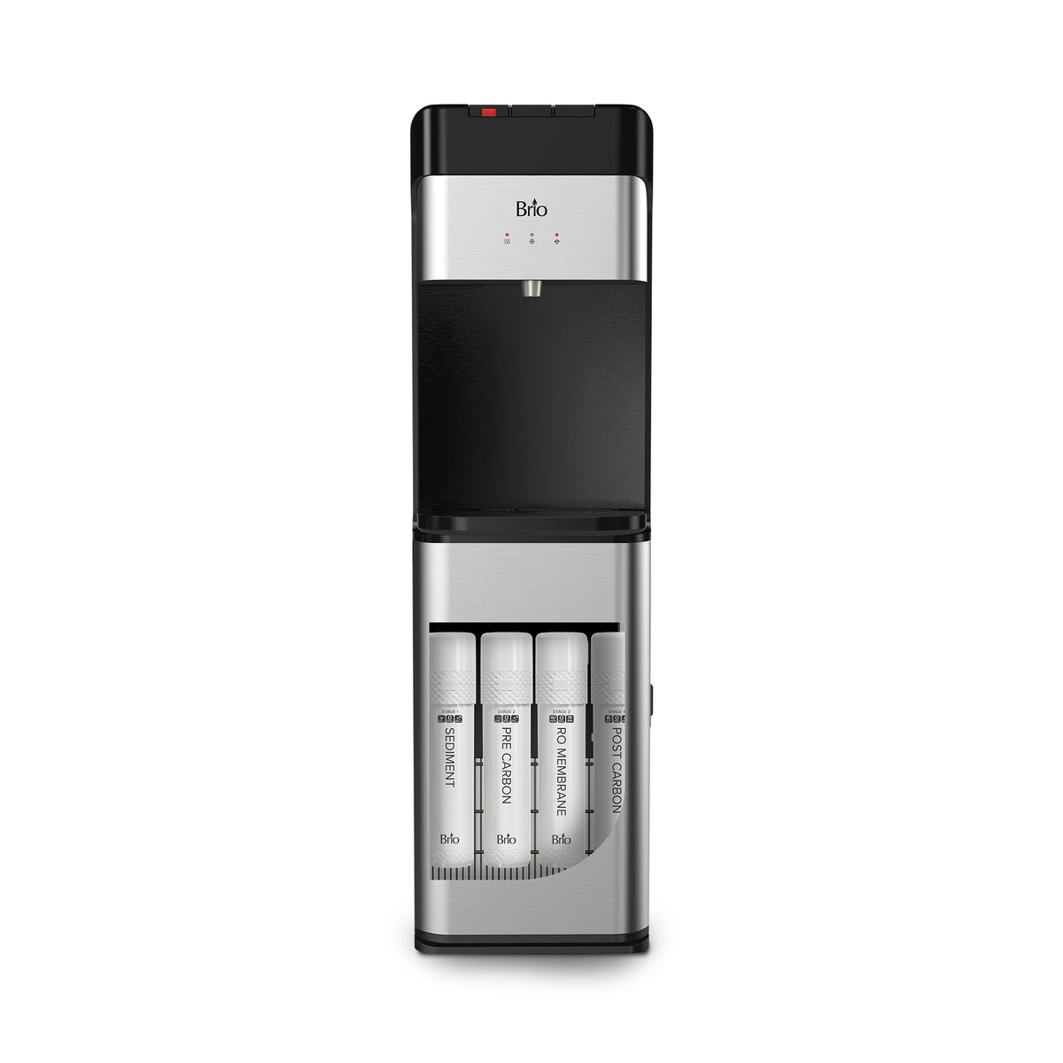 Introducing the 4-Stage Reverse Osmosis Bottleless Water Filtration Dispenser - 430 Series: a sleek stainless steel cooler featuring three visible filter cartridges in the lower compartment, a convenient water spout on top, and advanced self-cleaning technology for effortless maintenance.