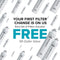 Image with multiple water filters on a white background. Text: “Your first filter change is FREE. Extra set of filters included—a $90 value.” Perfect for the 2-Stage Filtered Water Dispenser - 520 Series with Sediment and Carbon Block filtration.