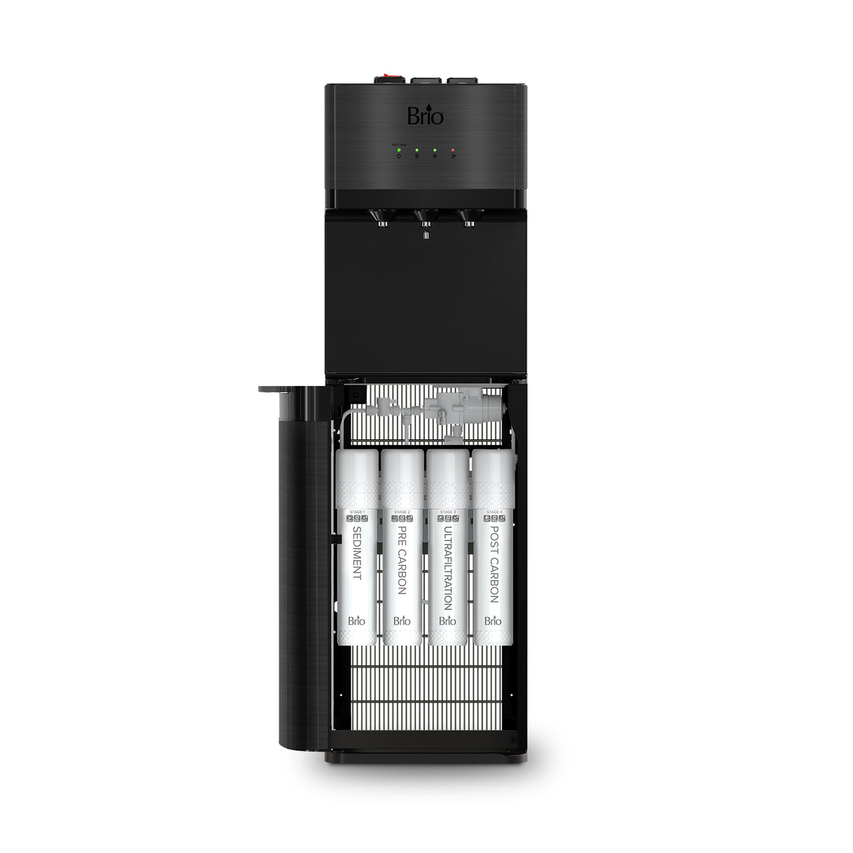 A Black Stainless Ultrafiltration Bottleless Water Dispenser - 520 with its front panel open, showcasing four labeled water filters and internal components for advanced ultrafiltration. Three green indicator lights and two dispensing nozzles are visible at the top of this sleek stainless steel unit.