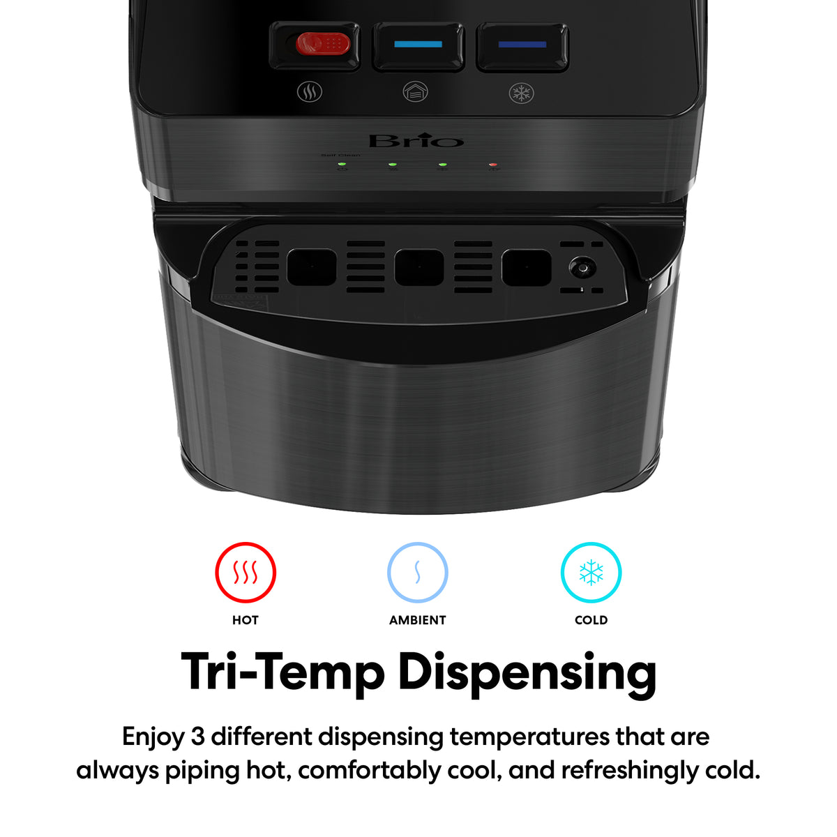 Close-up of the Black Stainless Ultrafiltration Bottleless Water Dispenser - 520, featuring dedicated buttons for hot, ambient, and cold water. Icons and text highlight its Tri-Temp Dispensing for hot, cool, and cold water options, accompanied by a brief description below that underscores its advanced ultrafiltration technology for pure refreshment.