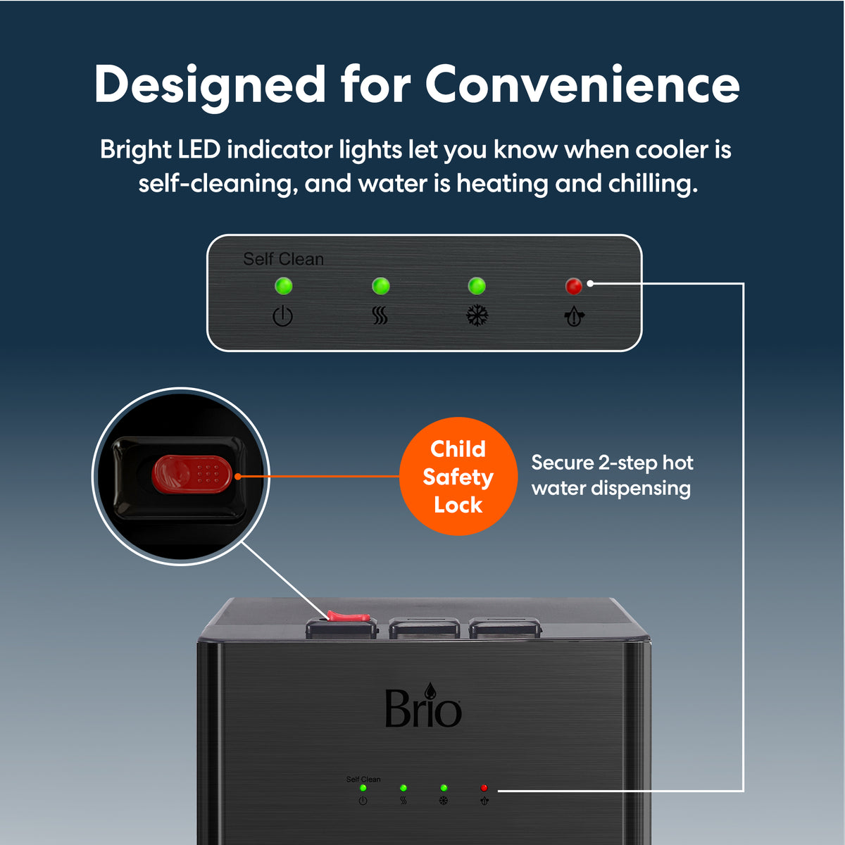 Black Stainless Ultrafiltration Bottleless Water Dispenser - 520 features a control panel with LED indicators for Self Clean, Hot, Cold, and Power. An inset highlights the Child Safety Lock lever on the hot water tap, emphasizing its secure 2-step hot water dispensing feature. Made from stainless steel, this dispenser offers advanced ultrafiltration for fresh-tasting hydration and provides continuous access to clean water as a bottleless filtration water dispenser.