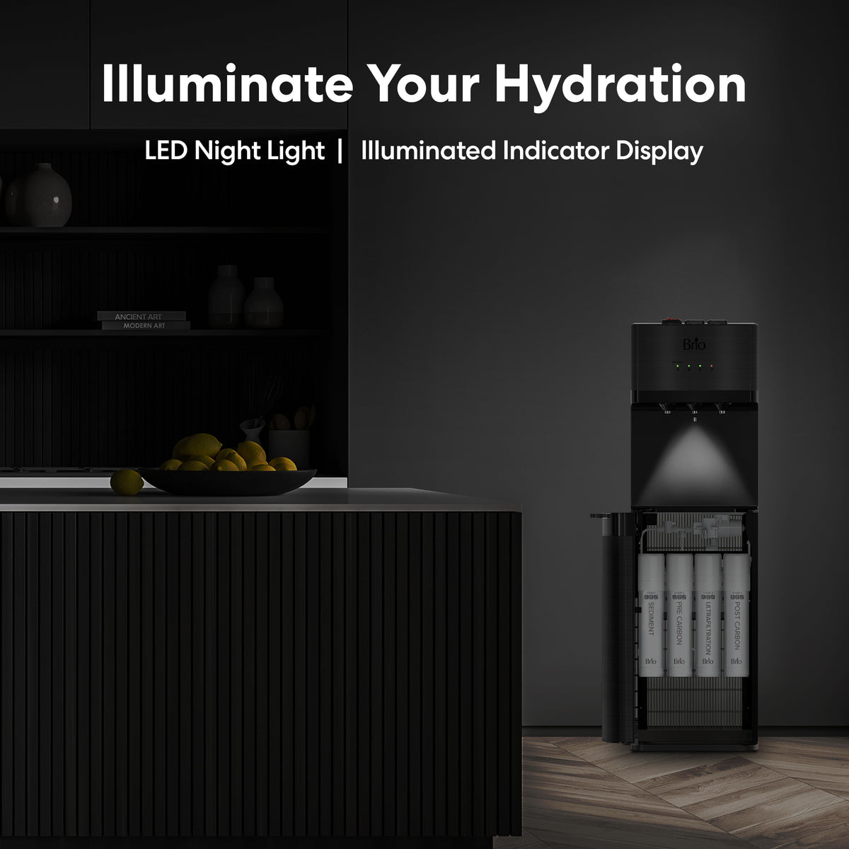 Modern kitchen featuring the Black Stainless Ultrafiltration Bottleless Water Dispenser - 520, equipped with an LED night light and illuminated indicator. A bowl of lemons rests on the counter, while state-of-the-art ultrafiltration systems are visible in the open lower panel of this bottleless water dispenser.