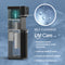 The Black Stainless Ultrafiltration Bottleless Water Dispenser - 520 features a labeled cutaway view showcasing its advanced ultrafiltration and self-cleaning technology. An inset close-up highlights purified water molecules. Key benefits are listed: reduces contaminants, enhances taste, leaves no residue, and minimizes maintenance needs. Its sleek black stainless steel design ensures lasting durability and a modern look for any environment.