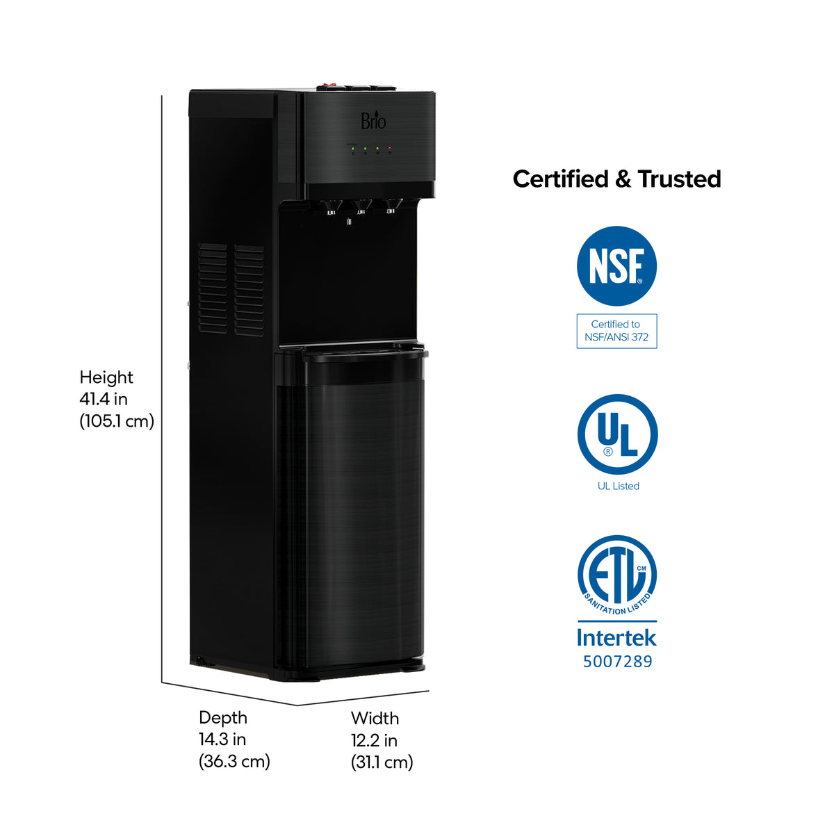 Black Stainless Ultrafiltration Bottleless Water Dispenser - 520 with a slim, rectangular design. Dimensions: height 41.4″ (105.1 cm), depth 14.3″ (36.3 cm), and width 12.2″ (31.1 cm). Features advanced ultrafiltration technology and displays NSF, UL, and ETL certification badges on the right.