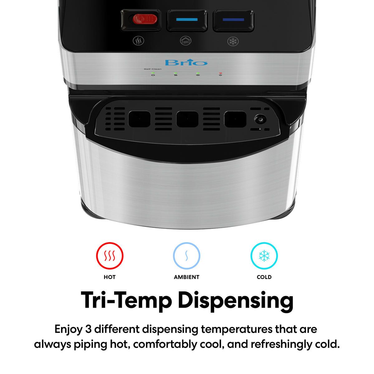 Close-up of the Stainless Steel Ultrafiltration Bottleless Water Dispenser – Model 520, featuring clearly labeled indicators for hot, ambient, and cold water. Below, text highlights its Tri-Temp Dispensing feature for hot, cool, and cold water selection with matching icons. This self-cleaning model ensures every sip is fresh and pure through advanced ultrafiltration technology.
