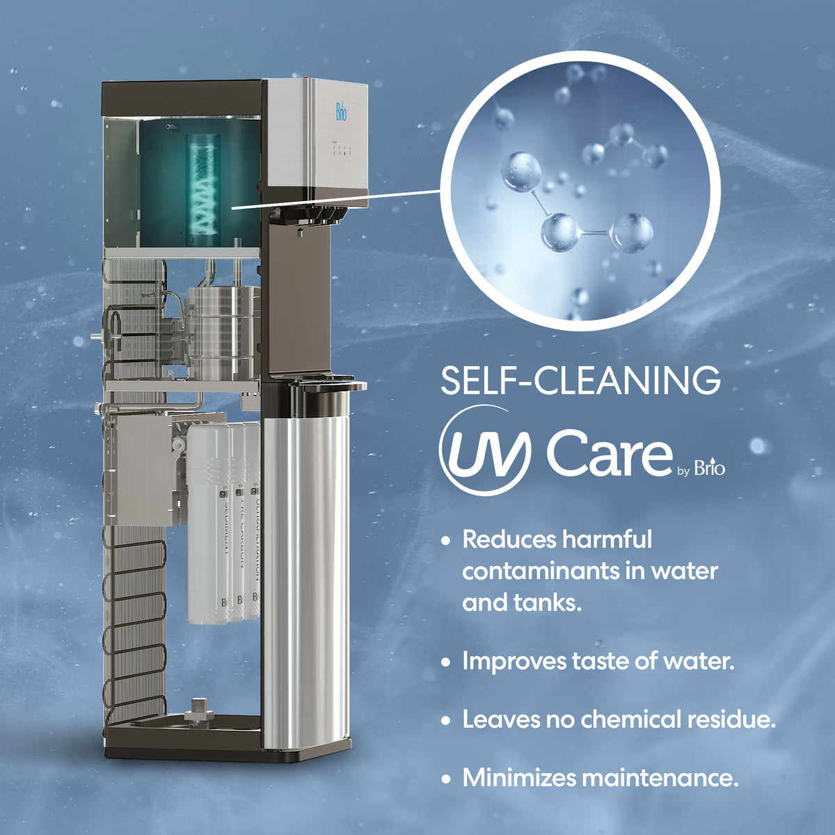 Cutaway view of the Brio Stainless Steel Ultrafiltration Bottleless Water Dispenser - Model 520 reveals internal components alongside a close-up of water molecules. Text emphasizes self-cleaning technology, advanced ultrafiltration that reduces contaminants, enhances taste, leaves no chemical residue, and requires minimal maintenance. The Brio logo is prominently shown.