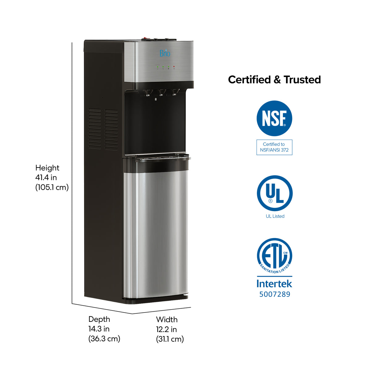 The Stainless Steel Ultrafiltration Bottleless Water Dispenser - Model 520 is a sleek black and silver unit with touch controls, highlighted alongside its height, depth, and width dimensions. It features advanced ultrafiltration technology and convenient self-cleaning functions for pure, refreshing water. NSF, UL, and ETL certification logos are displayed to the right, underscoring the product’s safety and reliability.