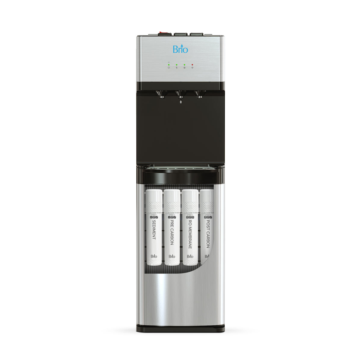 A Reverse Osmosis Stainless Bottleless Water Dispenser - Model 520 with visible water filters in the lower section and two water spouts in the upper section.