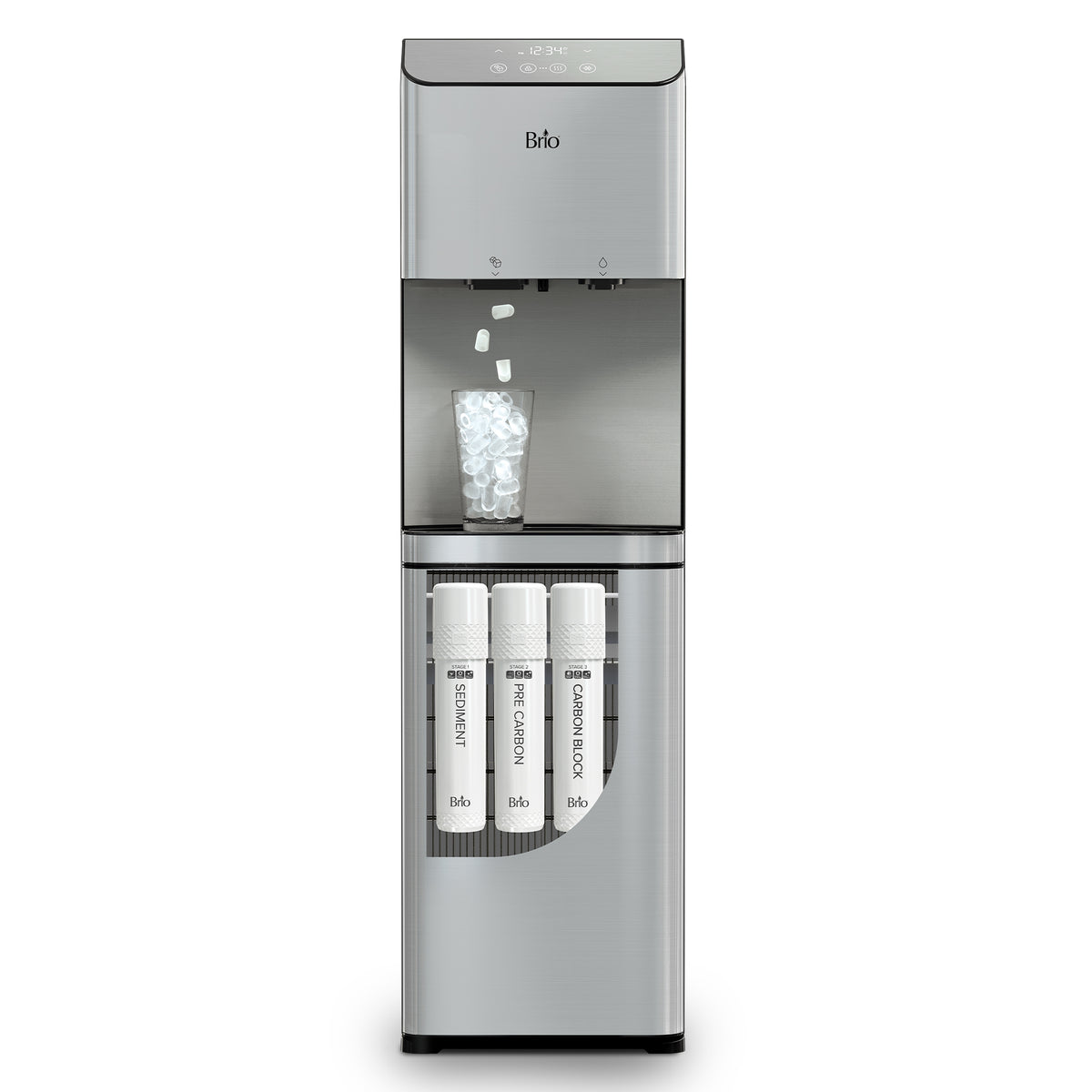 A stainless steel Moderna 720 Ice dispenser, the Filtered Bullet Ice & Water model, releases ice cubes into a glass. Three labeled water filters are visible in the lower compartment, showcasing advanced UV self-cleaning technology for enhanced purity.