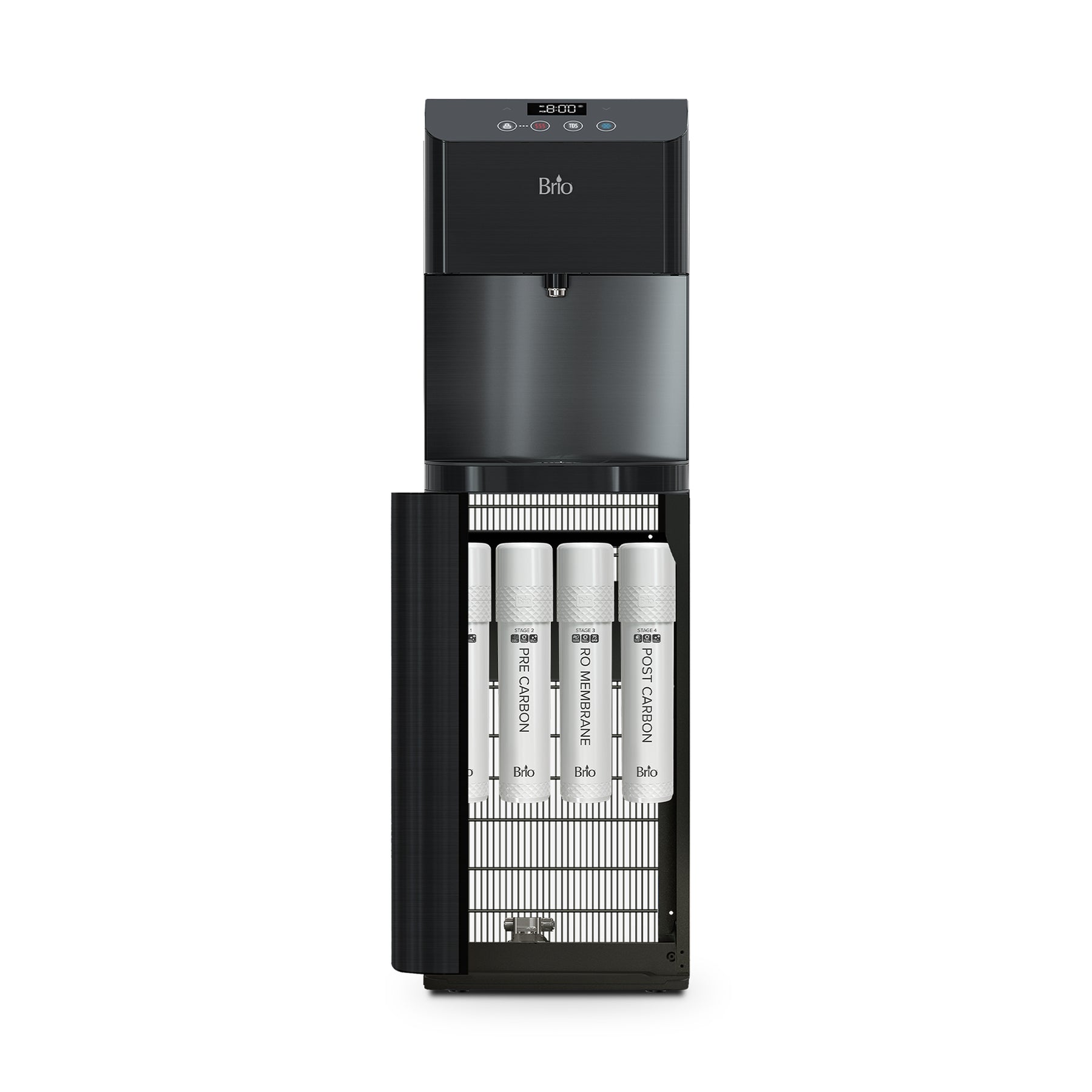 A Brio Moderna 4-Stage Reverse Osmosis Black Stainless Bottleless Water Cooler with its front panel open, revealing four filtration cartridges in the lower compartment.
