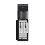 A Brio Moderna 4-Stage Reverse Osmosis Black Stainless Bottleless Water Cooler with its front panel open, revealing four filtration cartridges in the lower compartment.