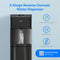 The Moderna 720 Reverse Osmosis Black Stainless Bottleless Water Cooler fills a glass with water. Icons highlight its features: connects directly to your water supply, includes a self-cleaning UV system, requires no bottles, and uses powerful 4-stage reverse osmosis water filtration. Blue background with white text.