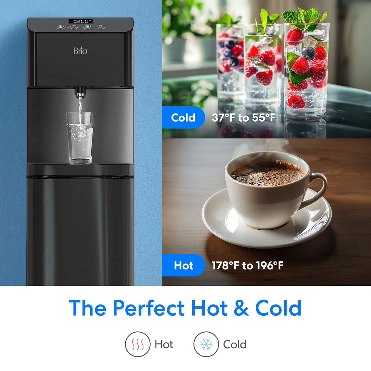 The Reverse Osmosis Black Stainless Bottleless Water Cooler – Moderna 720 dispenses water to fill a glass. Following this, two images display berry drinks labeled Cold 37°F to 55°F and coffee labeled Hot 178°F to 196°F. Accompanying text reads: The Perfect Hot & Cold, with hot and cold icons below. This RO bottleless water cooler features a self-cleaning UV system for fresh, pure hydration every time.