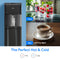 The Reverse Osmosis Black Stainless Bottleless Water Cooler – Moderna 720 dispenses water to fill a glass. Following this, two images display berry drinks labeled Cold 37°F to 55°F and coffee labeled Hot 178°F to 196°F. Accompanying text reads: The Perfect Hot & Cold, with hot and cold icons below. This RO bottleless water cooler features a self-cleaning UV system for fresh, pure hydration every time.
