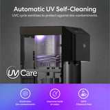 The Brio Moderna 4-Stage Reverse Osmosis Black Stainless Bottleless Water Cooler features a glowing interior and automatic self-cleaning, eradicating bio-contaminants, improving taste, and offering 100% chemical-free purification.