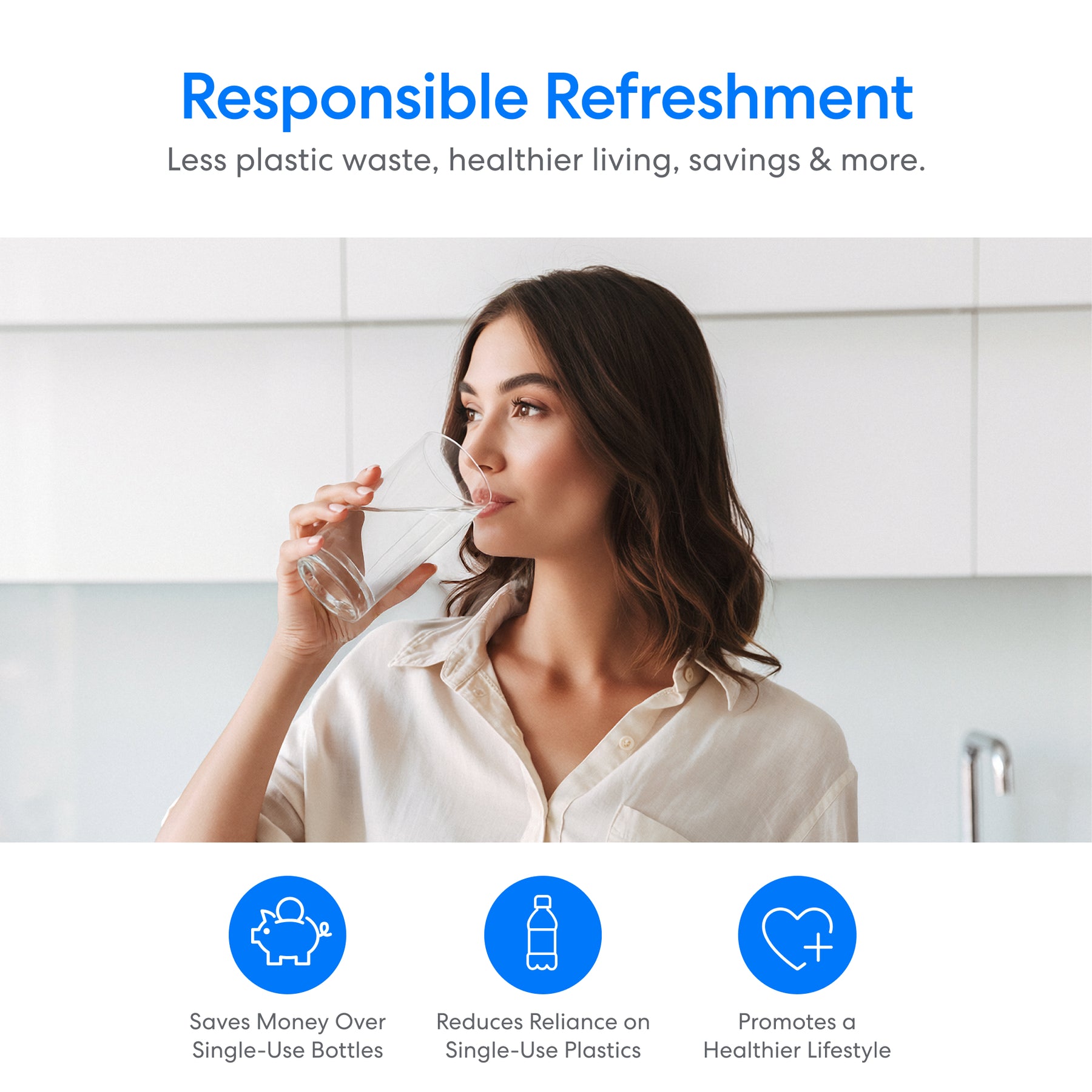 A woman enjoys water from the Brio Moderna 4-Stage Reverse Osmosis Black Stainless Bottleless Water Cooler in a modern kitchen. Above, "Responsible Refreshment" is shown with icons for savings, less plastic waste, and healthier living below.