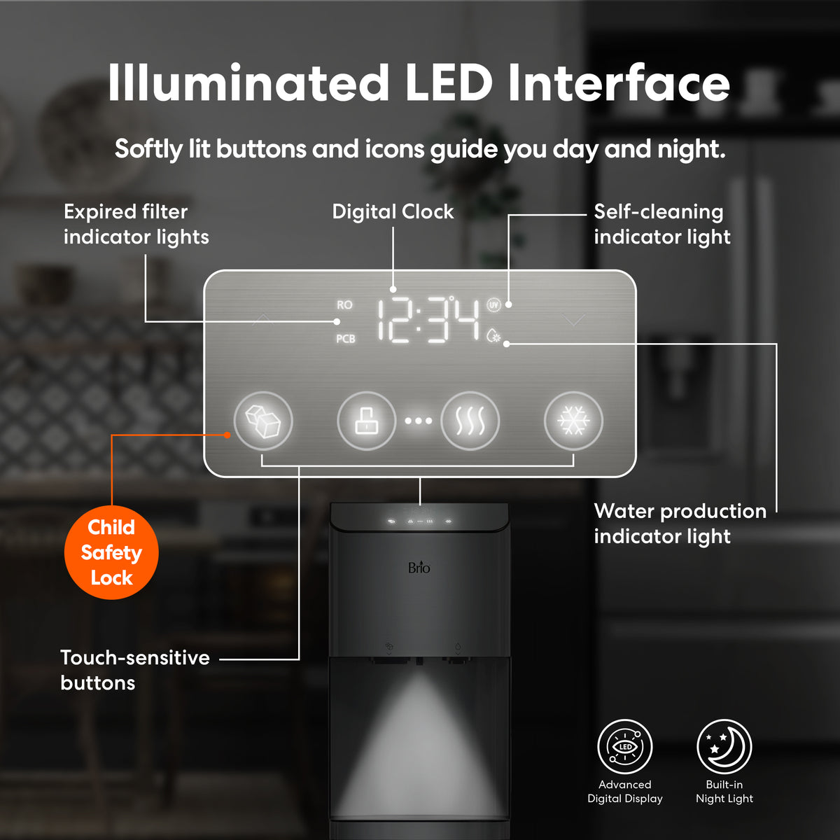 A digital control panel featuring touch-sensitive buttons, indicator lights, a digital clock, child safety lock, and water production icons seamlessly matches the modern aesthetic of the Moderna 720 Ice Reverse Osmosis Filtered Bullet Ice & Hot/Cold Water Stainless Steel Dispenser—set against a backdrop of softly blurred kitchen elements.