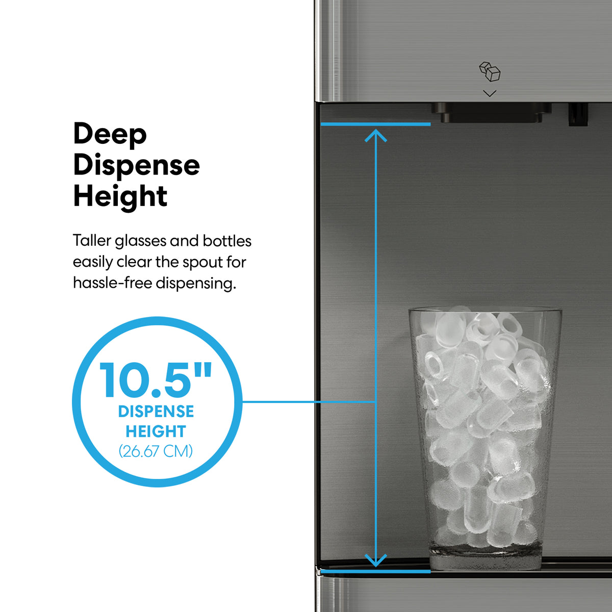 A glass filled with ice sits beneath the water dispenser spout of the Reverse Osmosis Filtered Bullet Ice & Hot/Cold Water Stainless Steel Dispenser - Moderna 720 Ice. Blue text and arrows showcase its generous 10.5-inch dispense height, making it easy to accommodate tall glasses and bottles. This advanced dispenser also features a bullet ice maker, ensuring purified water and refreshing ice are always conveniently available.