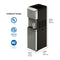 The Moderna 720 Ice Reverse Osmosis Filtered Bullet Ice & Hot/Cold Water Stainless Steel Dispenser is shown in black and silver beside certification logos (UL, Intertek, NSF), with dimensions of Height: 43.3 in (110 cm), Width: 12.2 in (31 cm), and Depth: 17.1 in (43.5 cm). Featuring advanced 4-stage RO filtration, a glass rests under the dispenser ready for use.