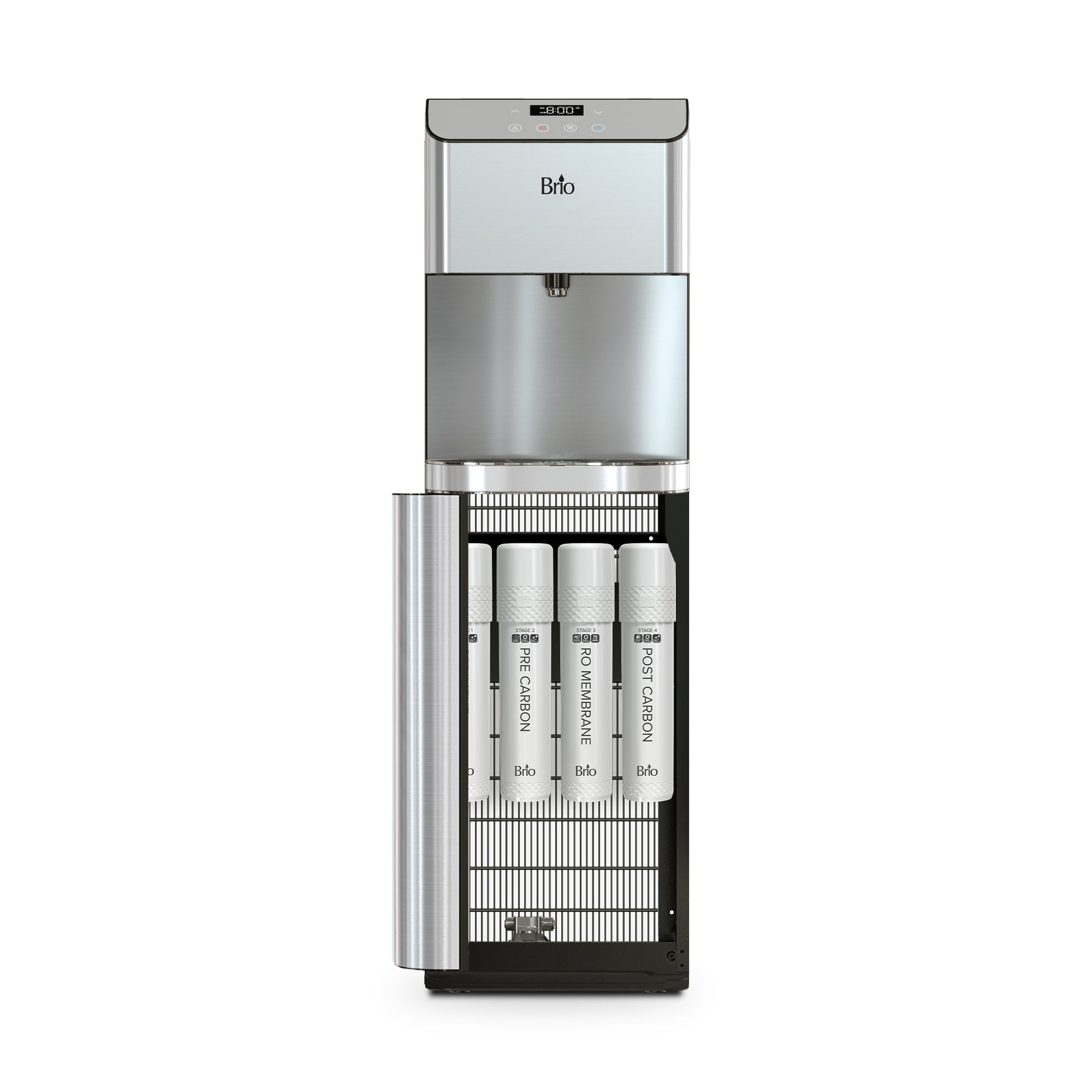 The Brio Moderna 4-Stage Reverse Osmosis Bottleless Water Cooler in silver and black shows its open front panel with four vertically aligned filters: SEDIMENT, PRE-CARBON, ULTRAFILTRATION, and POST CARBON.