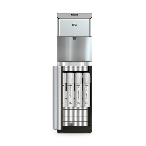 The Brio Moderna 4-Stage Reverse Osmosis Bottleless Water Cooler in silver and black shows its open front panel with four vertically aligned filters: SEDIMENT, PRE-CARBON, ULTRAFILTRATION, and POST CARBON.