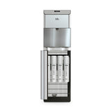 The Brio Moderna 4-Stage Reverse Osmosis Bottleless Water Cooler in silver and black shows its open front panel with four vertically aligned filters: SEDIMENT, PRE-CARBON, ULTRAFILTRATION, and POST CARBON.