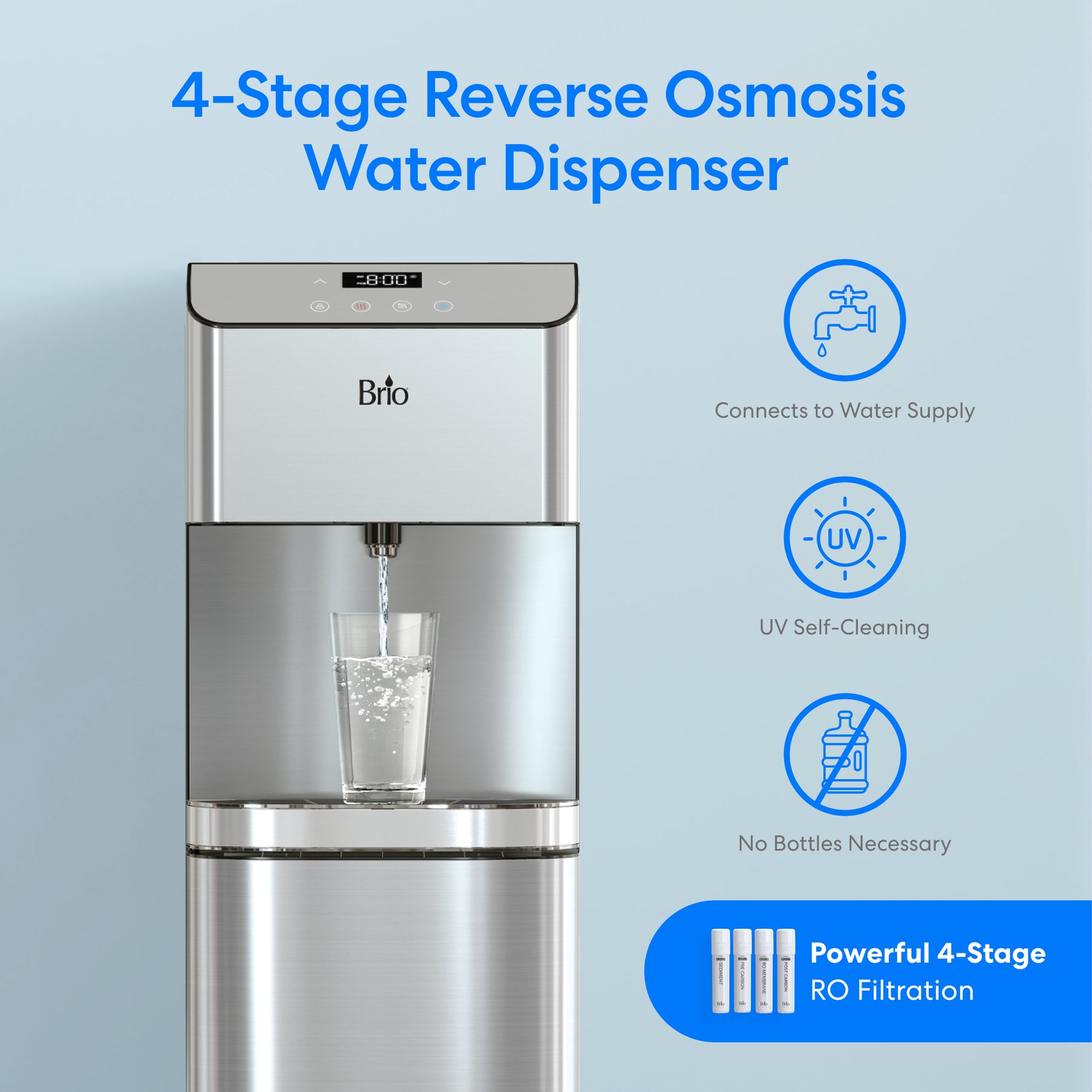 The Brio Moderna 4-Stage Reverse Osmosis Bottleless Water Cooler connects to your water supply and dispenses water into a glass, featuring UV self-cleaning, bottleless design, and advanced 4-stage RO filtration.