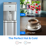 The Brio Moderna 4-Stage Reverse Osmosis Bottleless Water Cooler fills a glass while berry-infused water and hot coffee sit nearby. Labels show cold water (37°F–55°F) and hot water (178°F–196°F). Text: The Perfect Hot & Cold.