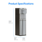 Product Specifications: Brio Moderna 4-Stage Reverse Osmosis Bottleless Water Cooler in silver and black, self-cleaning, with dimensions—height: 41.1 in (104.4 cm), depth: 14 in (35.5 cm), width: 12.2 in (31 cm).