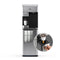The Moderna 730 3-Stage Coffee Maker & Bottleless Water Filtration Dispenser brews coffee into a white mug with its sleek silver design. Three coffee pods are stored in a compartment, while a hand inserts a dark roast pod in a close-up inset. This convenient single-cup coffee maker provides an all-in-one solution for your beverage needs.