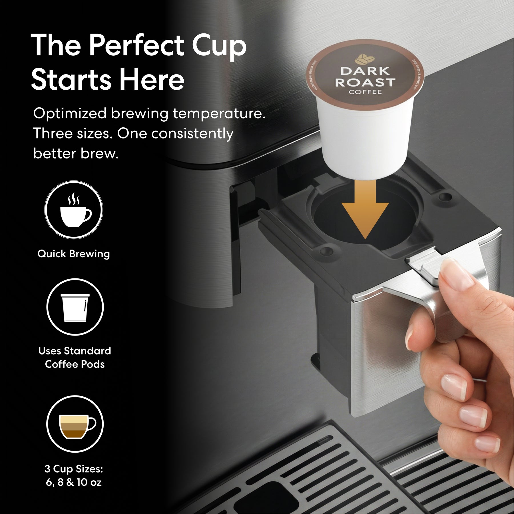 A hand inserts a coffee pod into the Brio Moderna 4-Stage Reverse Osmosis Coffee Maker & Bottleless Water Cooler Dispenser. Text highlights optimized brewing temperature, 6/8/10 oz cup sizes, quick brewing, and standard pod compatibility.