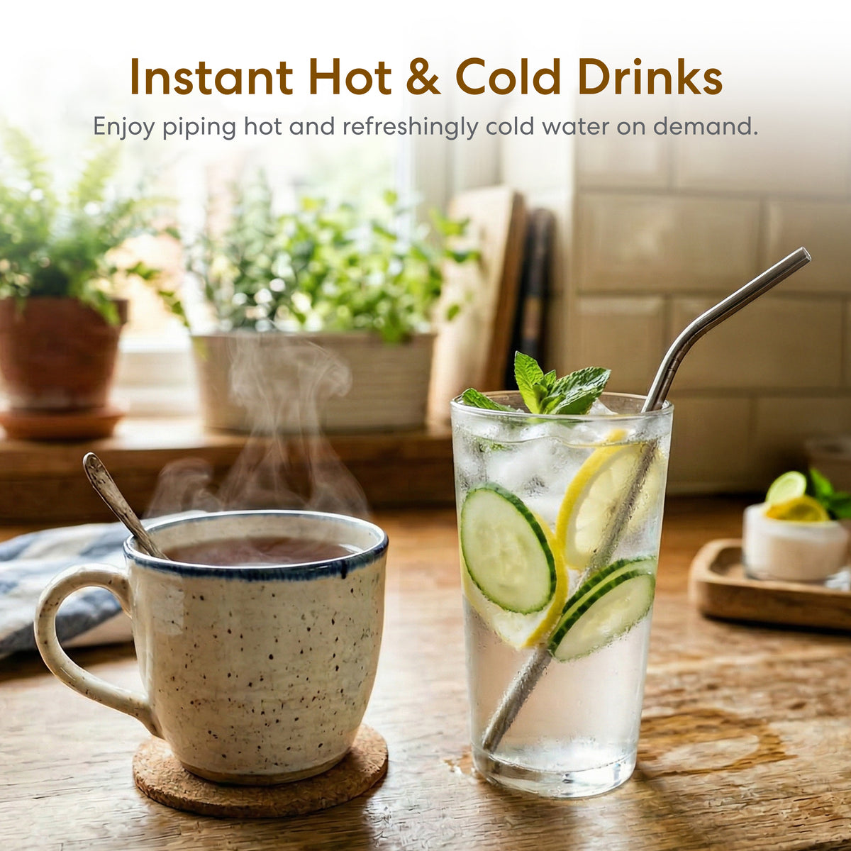 A steaming mug brewed with the 4-Stage Reverse Osmosis Coffee Maker & Bottleless Water Cooler Dispenser - Moderna 730 and a glass of iced water—filtered through its advanced reverse osmosis system and infused with cucumber and mint—sit on a wooden table, surrounded by plants and kitchen items in the background.
