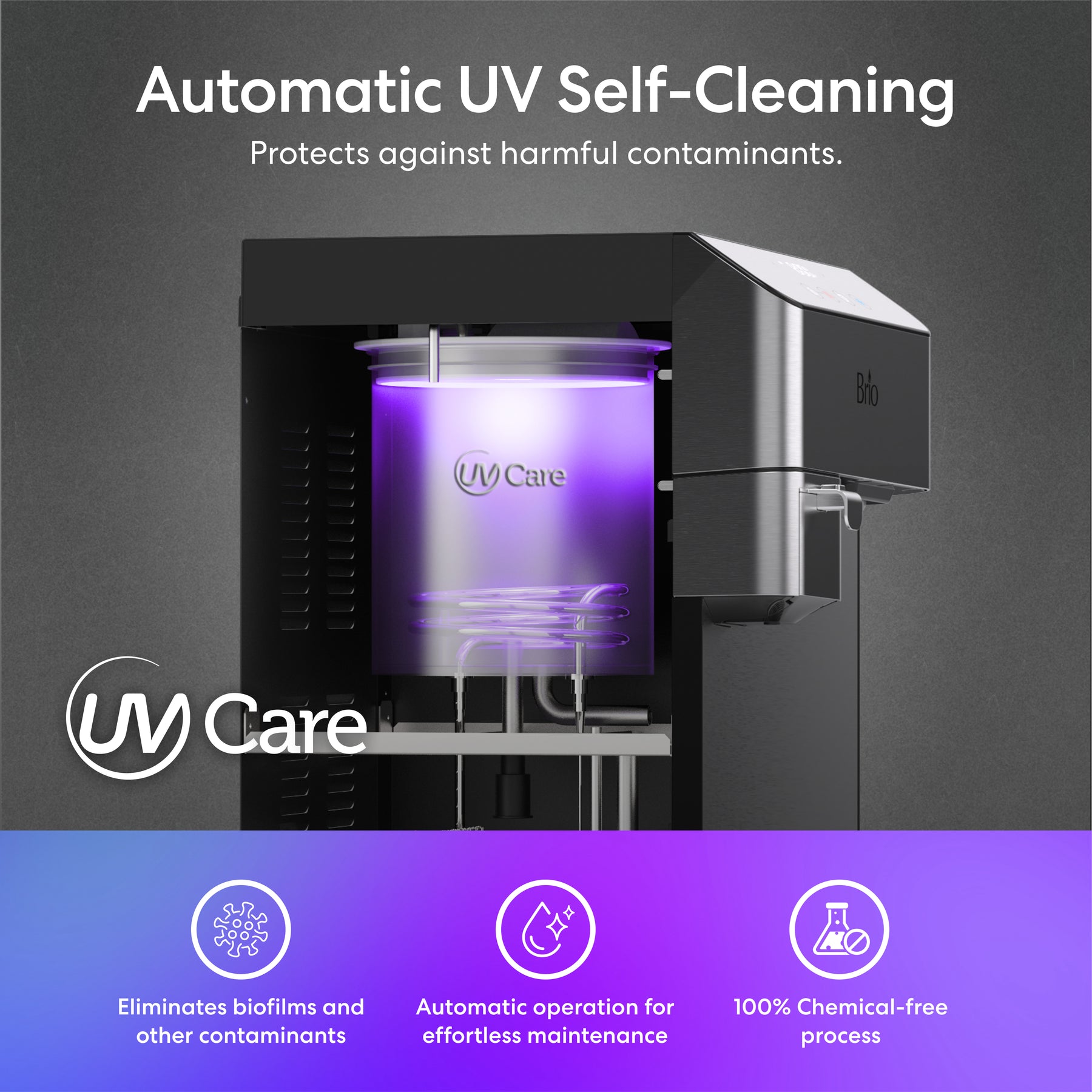 The Brio Moderna 4-Stage Reverse Osmosis Coffee Maker & Bottleless Water Cooler Dispenser features a glowing purple UV chamber for automatic UV self-cleaning, protection against contaminants, biofilm elimination, and chemical-free maintenance.
