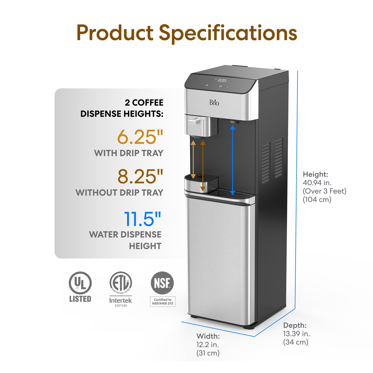 Experience pure, great-tasting hydration and fresh coffee every time with the 4-Stage Reverse Osmosis Coffee Maker & Bottleless Water Cooler Dispenser - Moderna 730. Featuring coffee dispense heights of 6.25″ and 8.25″, a water dispense height of 11.5″, and dimensions of 40.94″ (height) x 12.2″ (width) x 13.39″ (depth), this unit combines advanced reverse osmosis water filtration with versatile dispensing options in a sleek design proudly certified by UL, Intertek, and NSF labels.
