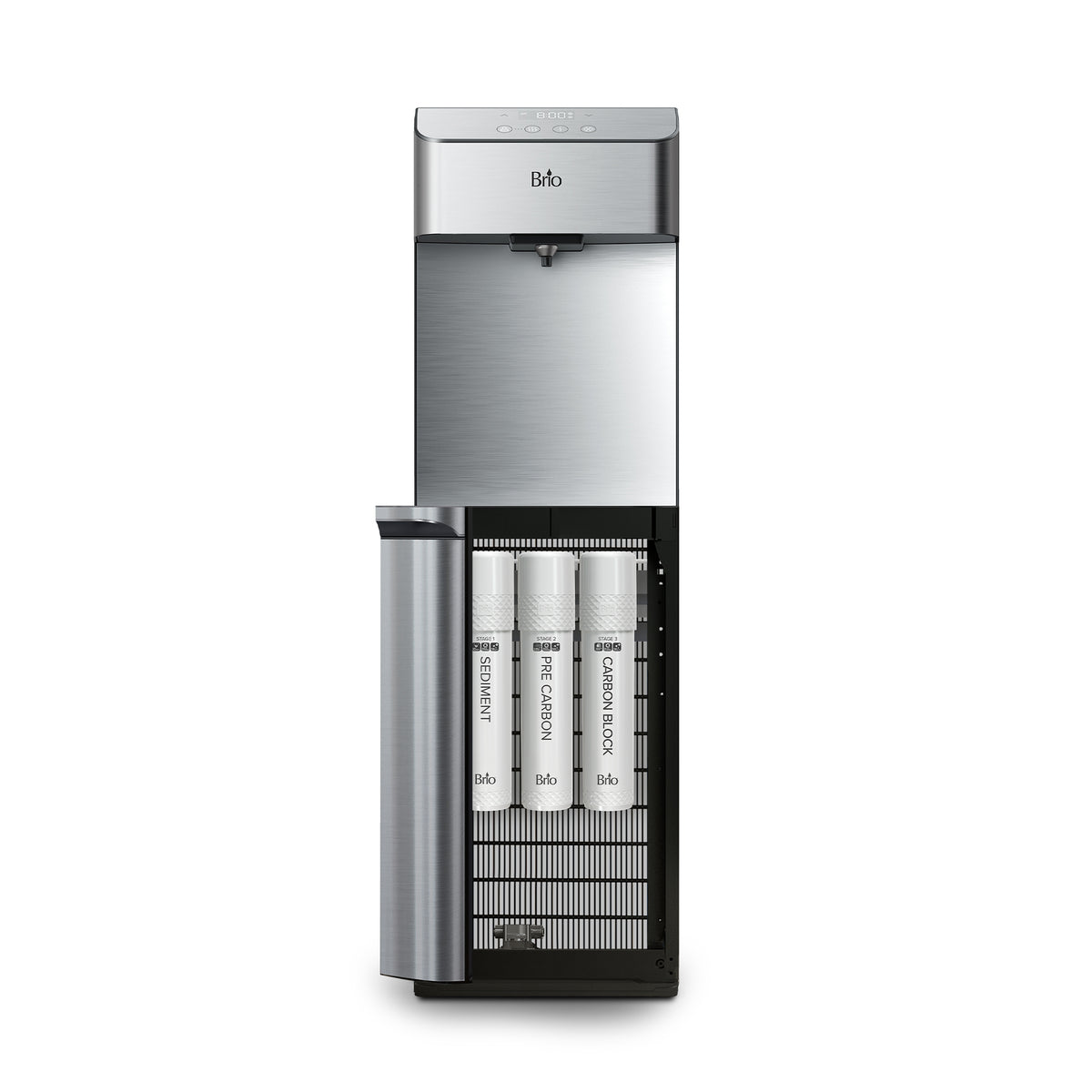 The Moderna 730 3-Stage Bottleless Water Dispenser is shown with its stainless steel front panel open, revealing a 3-stage filtration system inside the lower compartment. The Beko brand logo appears on the front, highlighting its fast dispense technology for convenient hydration.